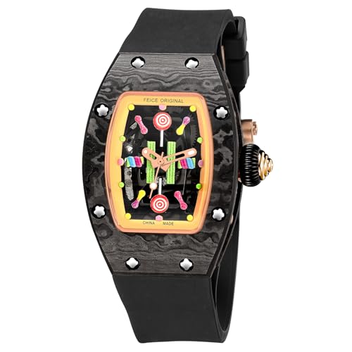 FEICE Women's Automatic Wrist Watch Fashion Skeleton Mechanical Watch with Carbon Fiber Strap Waterproof Wristwatch for Ladies FM606Black