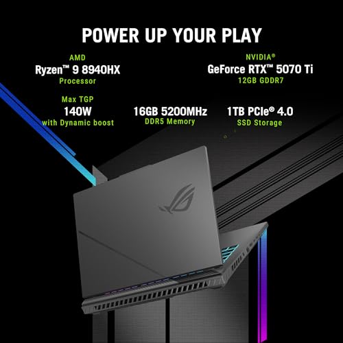 ASUS ROG Strix G16, AMD Ryzen 9 8940HX Gaming Laptop (RTX 5070 Ti/140W TGP/16GB RAM/1TB SSD/FHD+/16"/165Hz/90WHrs/Windows 11/M365 Basic (1Year)*/Office Home 2024/Eclipse Gray/2.5 Kg) G614PR-RV032WS