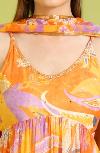W for Woman Orange Abstract Printed Tiered Spaghetti Kurta and Leggings Set with Dupatta (Size: XL)-WS11527-123741