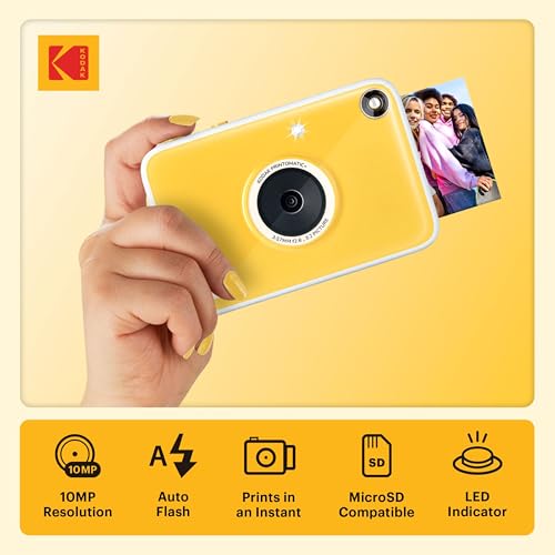 Kodak Printomatic+ Instant Camera (Gold) Prints Full-Color Photos on Zink 2x3” Sticky-Backed Photo Paper, 10MP Portable Camera with Interactive RGB LED Status Indicator, Easy & Fun