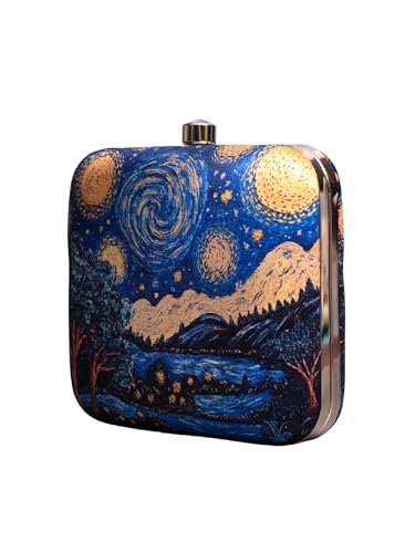 Artklim Blue Star Night Art Printed Golden Strap Quirky Box Clutch for Women - Sling Purse - Valentine’s Day Gift for Girlfriend