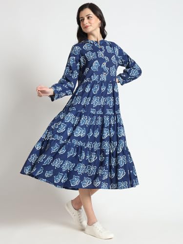 Divena Blue Floral Print Cotton Fabric Flared Dress