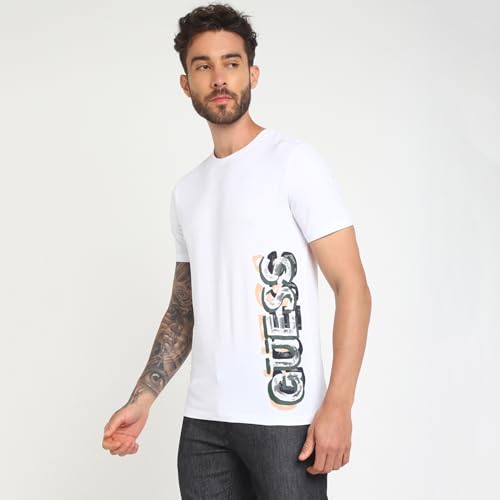 GUESS Men's White Cotton Printed Slim Fit Half Sleeves T-Shirt