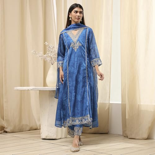 Biba Women's Polyester Kurta Set (SKDFST30509SS25BLU_Blue