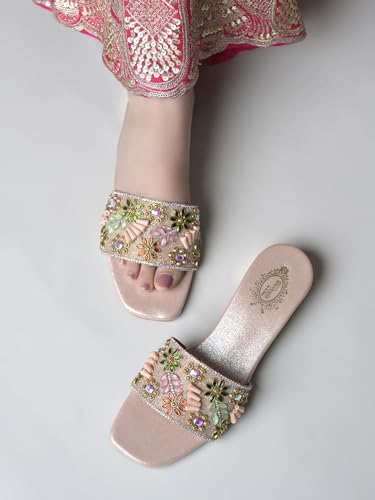 Shoetopia Women’s luxury Embellished Rose-Gold Heel Sandals |Slip-On Party & Wedding Heels with Beaded Strap footwear EU40