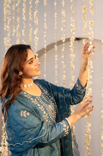 VARNI FABRICS: A lady's First Love Women's Chanderi Silk Embroidered Anarkali Kurta With Pant And Dupatta Set,Ethnic Wear (IN, Alpha, M, Regular, Blue)