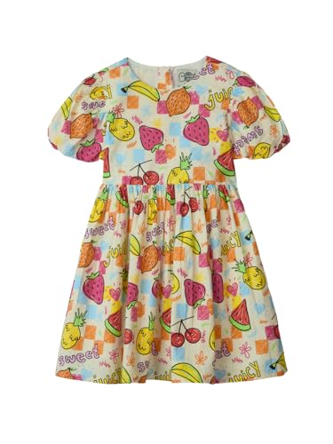 The Souled Store Summer Sweet Girls Short Sleeves Round Neck Multi Colored All Over Printed A Line Cotton Dresses (2-8 Yrs)