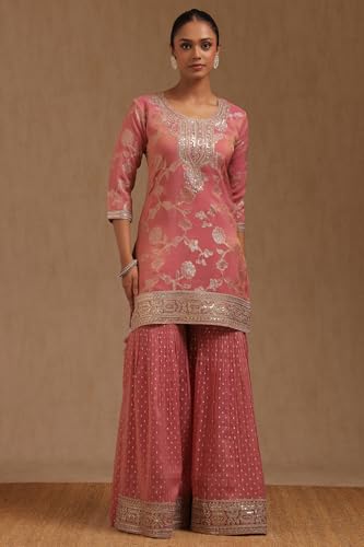 Soch Womens Pink Organza Zari Woven Suit Set Sequins