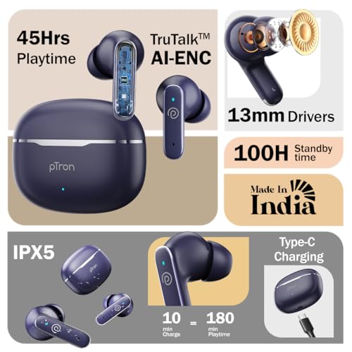 pTron Bassbuds Eon in-Ear TWS Earbuds w/ 13mm Drivers, 45Hrs Playtime, Dual HD Mic & TruTalk AI-ENC Calls, Custom EQ, Mobile App, Bluetooth v6.0 Headphones,Voice Assist., Type C Charging & IPX5 (Blue)