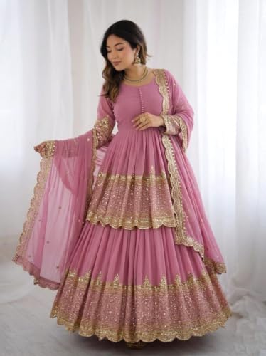 Women's Pink Georgette Tiered Anarkali Gown with Dupatta | Women's Pink Georgette Tiered Anarkali Gown with Dupatta