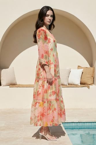 W for Woman Pink Floral Printed Tiered Dress - (W13667-126980-XS)