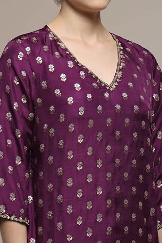 Biba Women Purple Viscose Gathered Yarndyed Suit Set_42