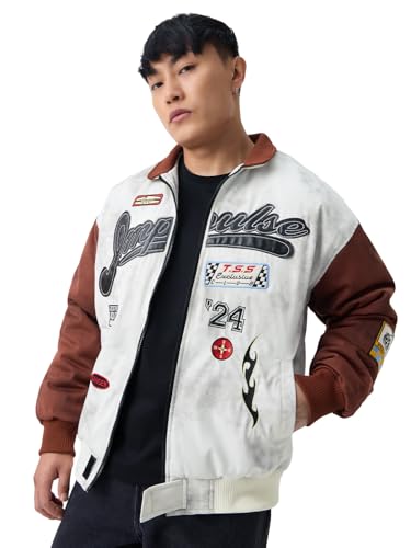 The Souled Store Racer Jacket: Impulse Men and Boys Full Sleeves Spread Collar White Graphic Printed Polyester Regular Fit Lightweight Winter Racer Jacket