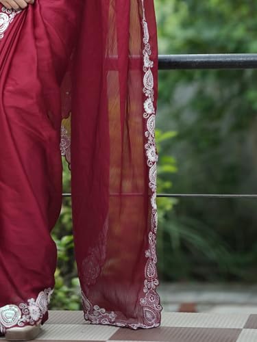 SAREE MALL Women's Maroon Satin Solid Saree With Unstitched Blouse (KESARI11601_KR)