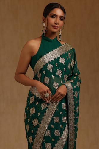 Soch Womens Teal Green Georgette Floral Zari Embroidered Saree With Stone Work