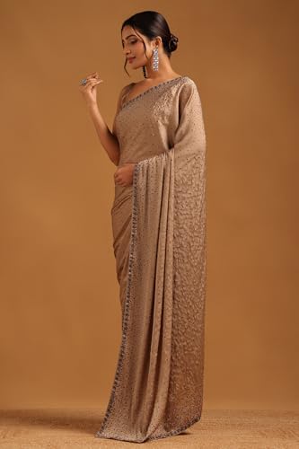 Soch Womens Beige Crepe Embellished Saree With Stone Work