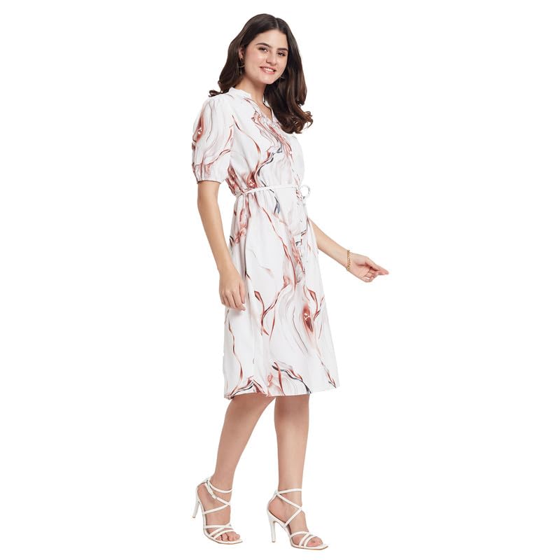 METTLE Women Abstract Print Tie-Ups Puff Sleeves Fit & Flare Dress
