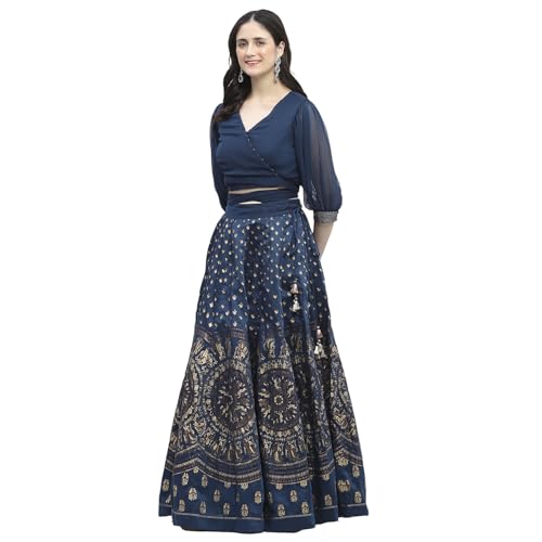 Biba Women's Chiffon Lehenga Set (FEST2766AW24BLU_Blue_34)