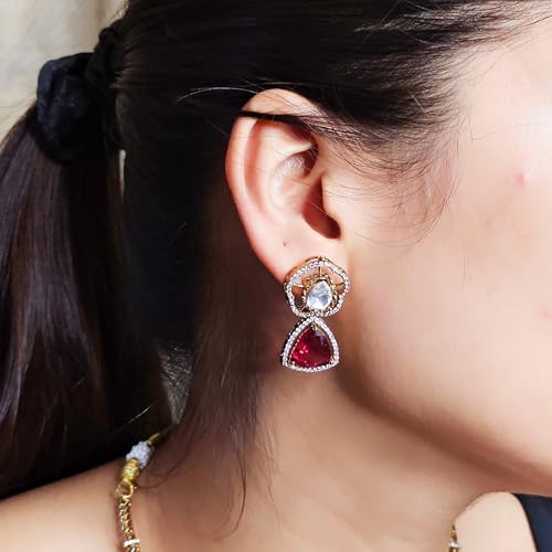 ZYRA JEWELS Micro Gold Plated Floral Necklace Set with American Diamond, Zircon & Moissanite Stones | Party Bling Luxury Designer Jewelry for Women & Girls (Ruby Red)
