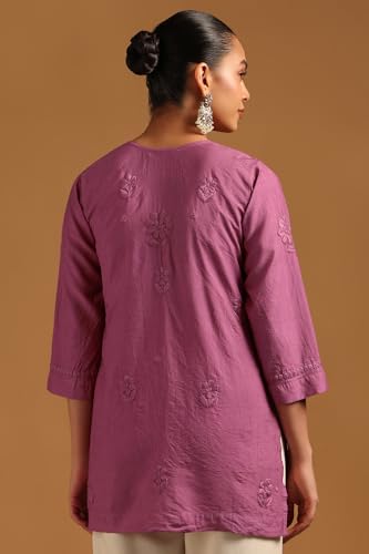 Soch Womens Purple Chanderi Floral Tunic with Thread Work