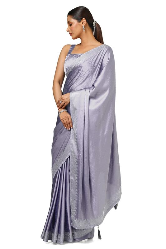 Soch Womens Light Purple Satin Embellished Saree With Stone Work