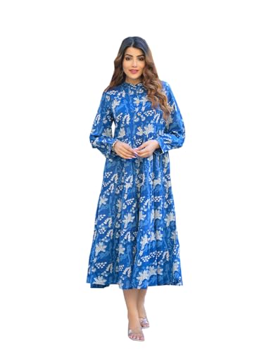 Divena Blue Floral Print Cotton Fabric Flared Dress