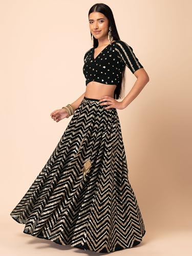 Zeel Clothing Women's Sequins Zari Embroidered Georgette Designer Lehenga Choli with Dupatta (7094-Black-Womens-Lehenga-Choli-Latest; Free Size) (Black)