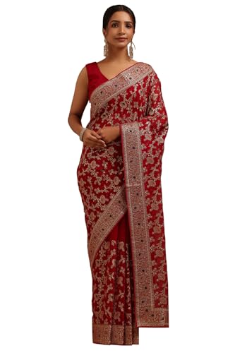 Soch Womens Fuchsia Georgette Embroidered Saree With Stone Work