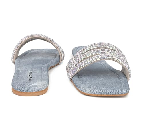 LOUIS STITCH Women’s Fashion Flat Slip-On Sandals | Open Toe Blue Shiny Strap Flat Slipper for Ladies | UK-6