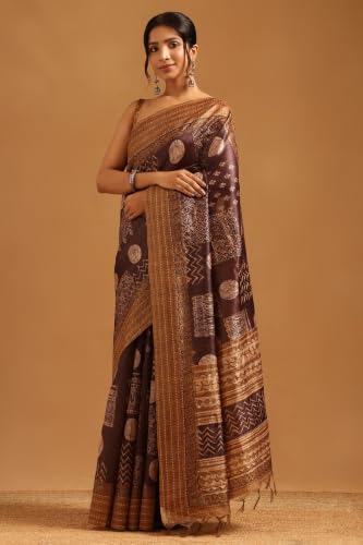 Soch Womens Brown Tussar Ethnic Motifs Kantha Embroidered Saree