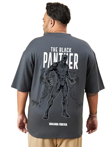 Bewakoof Heavy Duty® 1.0 Official Marvel Merchandise Wakanda Forever Men's Graphic Print Oversized Fit Half Sleeve Round Neck Cotton Blend Plus Size T-Shirt_694187_Grey_4XL