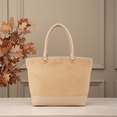 Caprese Katherine Large Monogram Velvet Laptop Tote for Women | Premium Multi-Compartment Office Handbag with Padded Tech Sleeve | Shoulder Bag for 15.6" Laptop for Work & Travel (Alpine Oat)