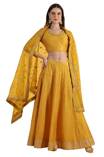 W for Woman Yellow Metallic Embroidery Crop Top & Skirt with Dupatta Set (Size: M)-24AUWS31123-400772