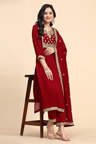 TRENDMALLS Women's Vichitra Silk Embroidery Salwar Suit Set for Women (G225-Red-XL-)