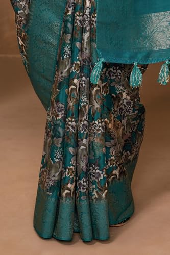 Soch Womens Teal Chanderi Floral Print Saree With Tassels