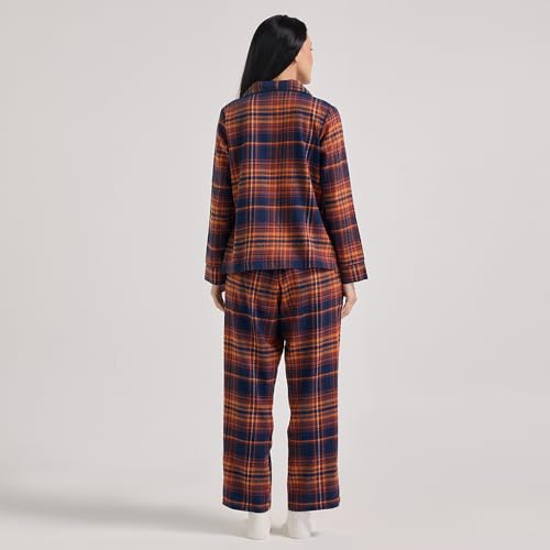 NYKD (NYS902 Cotton Checked Coords Set Night Suit for Women | Relaxed Fit, Collar Neckline Shirt with Full Sleeves & Pants| Perfect for Sleep & Lounge Wear (Navy & Brown, 2XL)