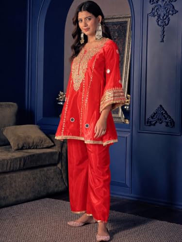 Women's Silk Crepe Kurta Set With Pant, Mirror Work