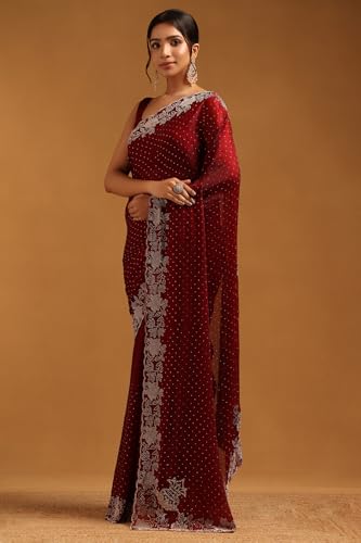 Soch Womens Maroon Fendy Organza Embellished Saree With Stone Work