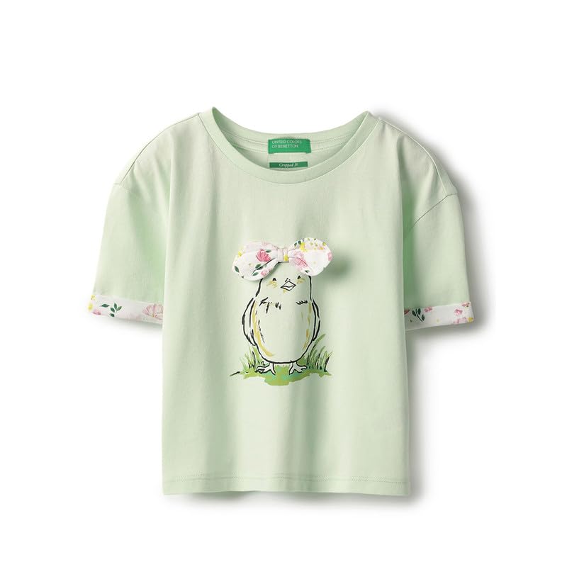 United Colors of Benetton Cropped Fit Round Neck Bow Applique Bunny T-Shirt