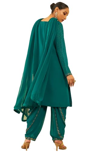 Soch Womens Teal Georgette Embellished Suit Set With Stones