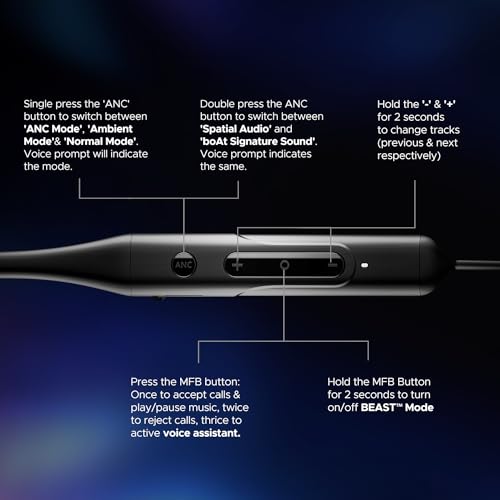 boAt Rockerz 255 ANC, 100Hrs Battery,Spatial Audio, ANC (~32dB), Fast Charge(10Mins=24HRS),3Mics AIENx,13mm Drivers, Bluetooth in Ear Neckband, Wireless with Mic Earphones (Raven Black)