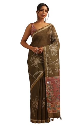 Soch Womens Olive Tussar Floral Saree