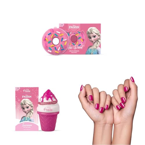 RENEE Disney Frozen Princess Donut Lip Balm Elsa Tinted Pink 2.8G & Disney Frozen Princess Icecream Lip Gloss Elsa Shea Butter Apricot Oil 8Ml & Stick On Nails BN 09 24 Reusable