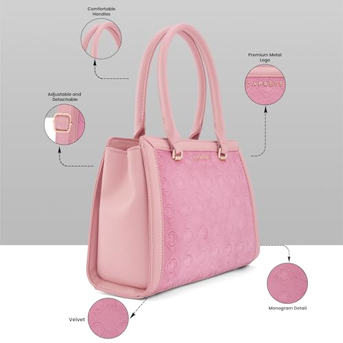 Caprese Katherine Medium Monogram Velvet Satchel for Women | Elegant Multi-Compartment Shoulder Handbag with Adjustable & Detachable Strap | Textured Velvet Designer Work & Party Purse (Pink Sorbet)