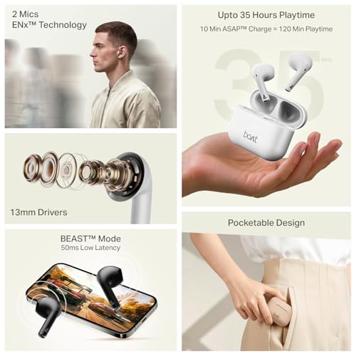 boAt 2026 Launch Airdopes Joy v2, 35H Battery, Pocketable Design, ASAP™ Charge, 13mm Drivers, Easy Touch Controls, ENx™ Tech, IWP™ & App Support TWS Bluetooth Earbuds with mic (Cloud White)