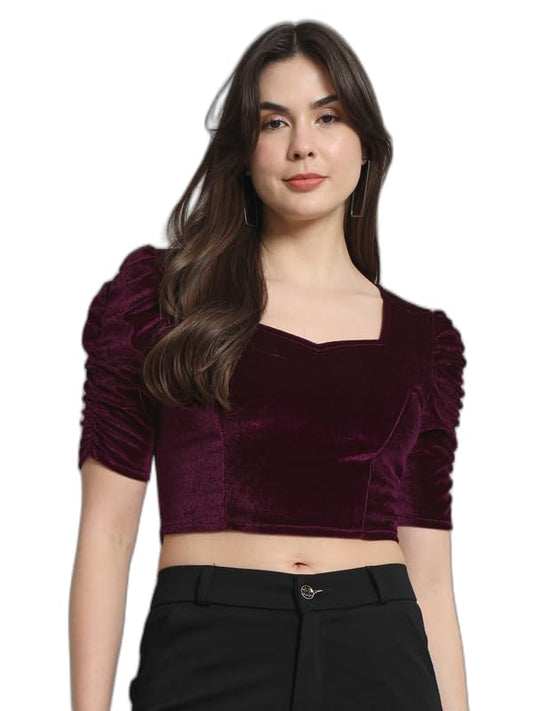 Vaararo Velvet Blouse Tops for Women | Party Puff Sleeves Readymade Outfit Wine XXX-Large