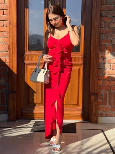 Tandul Women's Cotton Blend Shoulder Straps Red Dress - Maxi/Full Length Solid Fashion Medium Size for Office, Casual, Festive & Party (11834)
