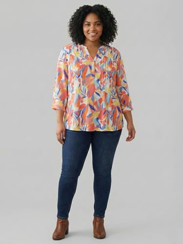 9 Impression Orange & White Printed Rayon Relax Fit Women's Plus Size Top (7XL)