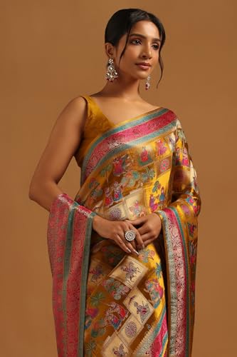 Soch Womens Mustard Satin Ethnic Motif Saree With Zari Woven