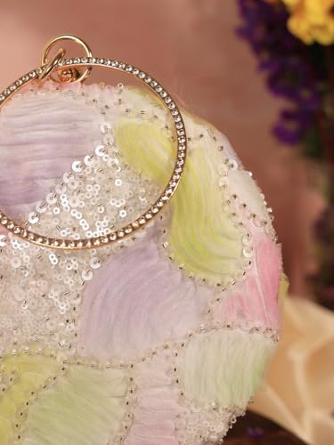 THE TAN CLAN Tide Pink floral embroidered clutch purse women stylish for bridal handbag round designer clutch bag for women wedding party ethnic fancy with metal handle ladies purse